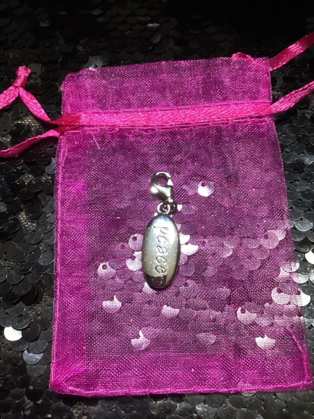 925 Sterling Silver 'Peace' Oval Charm Pendant - Pink Pouch